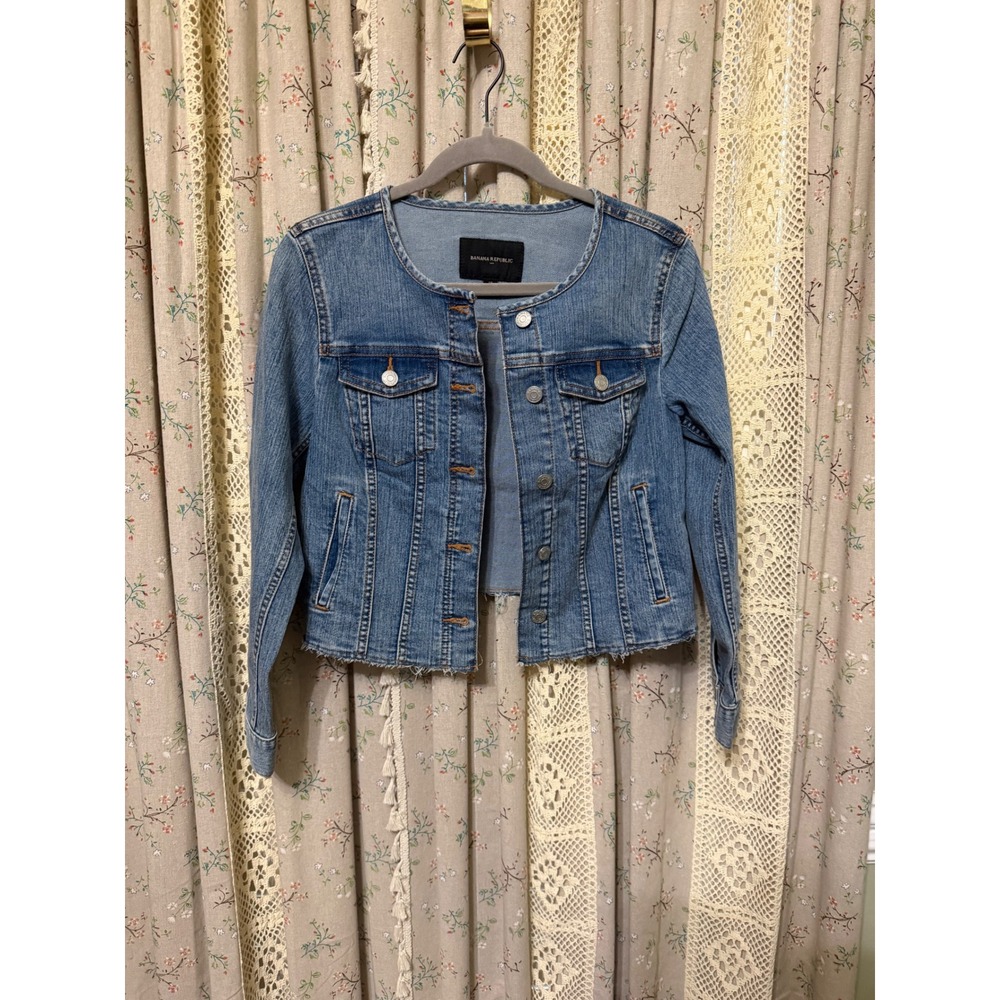 Banana Republic Denim Jacket Small Petite Collarless Raw Hem Cropped